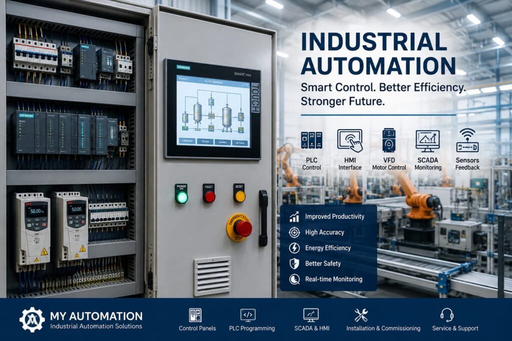 Industrial automation PLC control panel with HMI and VFD